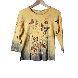 CACTUS Yellow Fade To Gray Butterfly Floral Boho Hippie Long sleeve Top SZ S